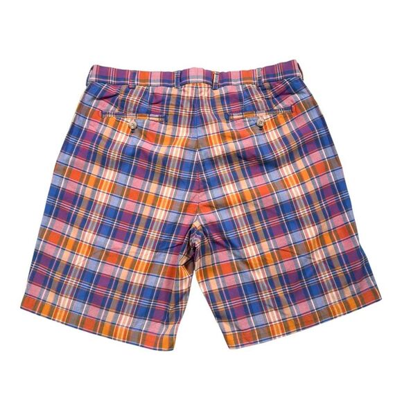 Peter Millar Mens Golf Shorts 34 Blue Orange Plaid Cotton Flat Front 9" Inseam - Picture 2 of 6